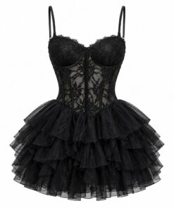 Women's black lace corset-style mini dress with layered ruffle tulle skirt, ghost mannequin front view on white
