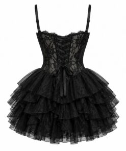 Back view of black lace ruffle tulle mini dress with thin straps on white