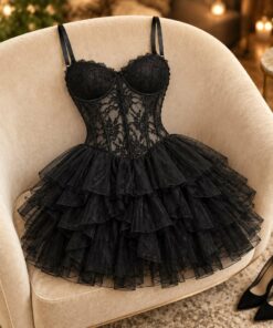 Woman wearing a black lace ruffle mini dress with boots at a birthday party, shown from the neck down