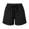 Women's black linen blend shorts with elastic drawstring waist and side pockets, ghost mannequin front view on white