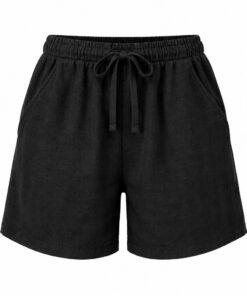 Women's black linen blend shorts with elastic drawstring waist and side pockets, ghost mannequin front view on white