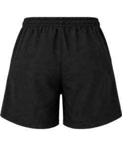 Back view of black relaxed fit linen shorts on white