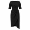 Women's black midi cocktail dress with asymmetric draped wrap front and elbow sleeves, ghost mannequin front view on white
