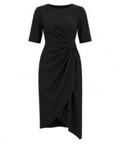 Women's black midi cocktail dress with asymmetric draped wrap front and elbow sleeves, ghost mannequin front view on white