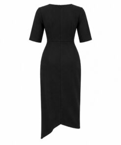 Back view of black midi dress with elbow-length sleeves and uneven hem on white