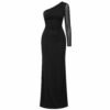Women's black one shoulder maxi dress with single sheer mesh sleeve, ghost mannequin front view on white