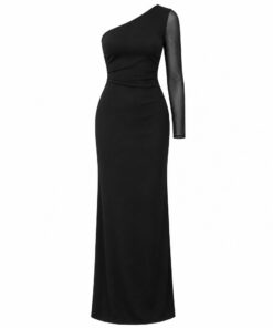 Women's black one shoulder maxi dress with single sheer mesh sleeve, ghost mannequin front view on white