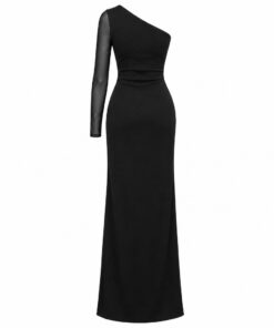 Back view of black one-shoulder jersey column maxi dress on white