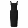 Women's black sleeveless linen blend pencil midi dress with square neckline, ghost mannequin front view on white
