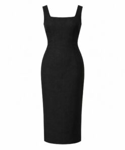 Women's black sleeveless linen blend pencil midi dress with square neckline, ghost mannequin front view on white
