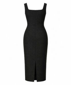Back view of black pencil dress showing the back slit, on white background