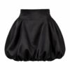 Women's black satin high waisted bubble hem mini skirt, ghost mannequin front view on white