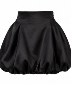 Women's black satin high waisted bubble hem mini skirt, ghost mannequin front view on white