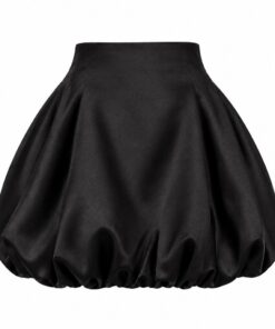 Back view of black satin bubble mini skirt on white background