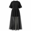 Women's black oversized cotton t-shirt dress with sheer mesh maxi skirt, ghost mannequin front view on white