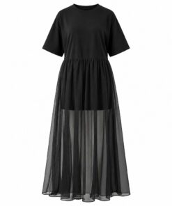 Women's black oversized cotton t-shirt dress with sheer mesh maxi skirt, ghost mannequin front view on white