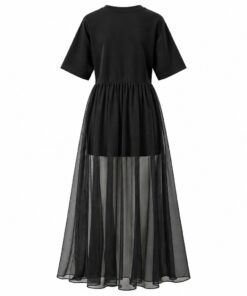 Back view of black tee top mesh maxi dress on white