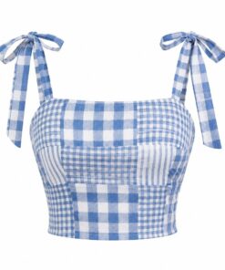 Women's blue and white checkered patchwork linen blend crop top with shoulder ties, ghost mannequin front view on white