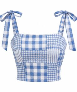Back view of blue check linen crop top on white