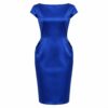 Women's royal blue satin knee-length wiggle dress with boat neck and cap sleeves, ghost mannequin front view on white