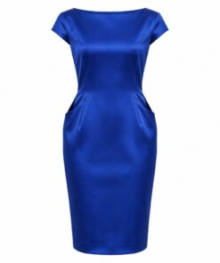 Women's royal blue satin knee-length wiggle dress with boat neck and cap sleeves, ghost mannequin front view on white
