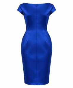 Back view of blue satin fitted wiggle dress on white background