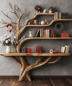 Narrow Floating Live Edge Side Table With Tree Bookshelf