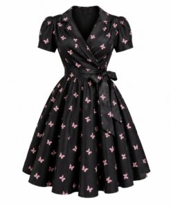 Women's black taffeta belted wrap dress with small pink butterfly print and full skirt, ghost mannequin front view on white