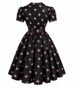 Back view of black butterfly print taffeta knee-length dress on white