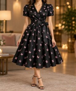 Woman wearing a black butterfly print taffeta dress at an evening party, shown from the neck down