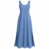 Women's chambray blue sleeveless linen blend maxi dress with scoop neck, ghost mannequin front view on white