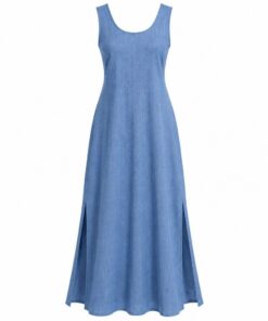 Women's chambray blue sleeveless linen blend maxi dress with scoop neck, ghost mannequin front view on white