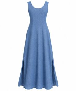 Back view of chambray linen maxi dress with side slits on white
