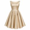Women's champagne satin cocktail dress with boat neck and pleated A-line skirt, ghost mannequin front view on white