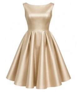 Women's champagne satin cocktail dress with boat neck and pleated A-line skirt, ghost mannequin front view on white