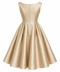 Back view of champagne satin knee-length A-line dress on white