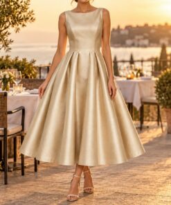 Woman wearing a champagne satin cocktail dress at an evening reception, shown from the neck down