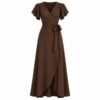 Women's chocolate brown linen blend wrap maxi dress with flutter sleeves and tie belt, ghost mannequin front view on white