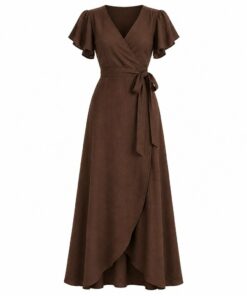 Women's chocolate brown linen blend wrap maxi dress with flutter sleeves and tie belt, ghost mannequin front view on white