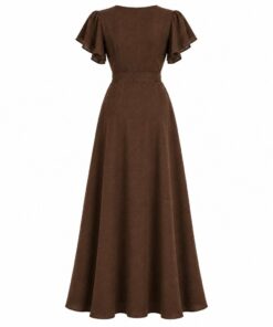 Back view of brown wrap maxi dress with flutter sleeves on white