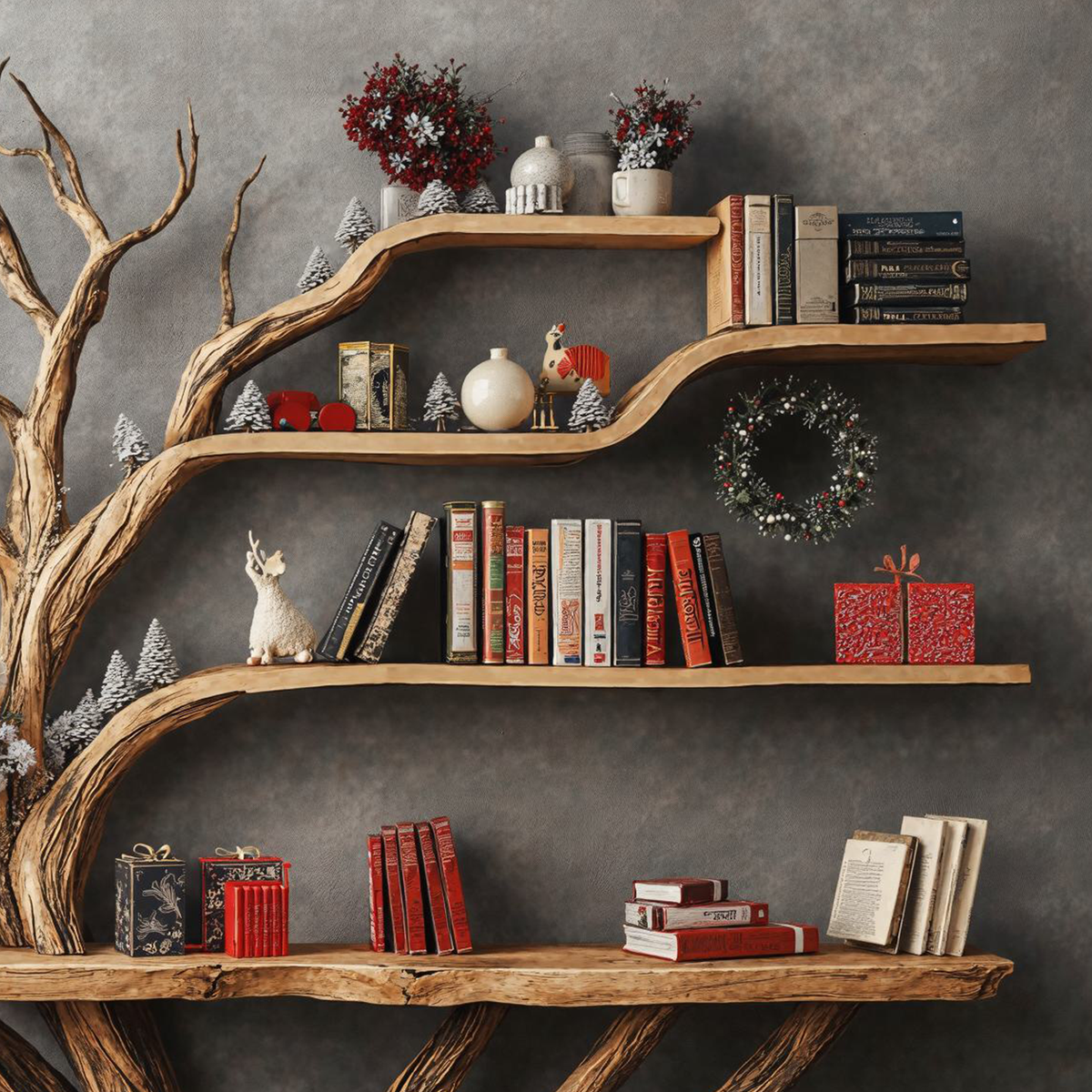 Narrow Floating Live Edge Side Table With Tree Bookshelf - Image 3