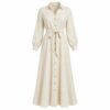 Women's cream cotton linen long sleeve button front boho maxi shirt dress with tie waist, ghost mannequin front view on white