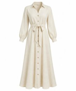 Women's cream cotton linen long sleeve button front boho maxi shirt dress with tie waist, ghost mannequin front view on white