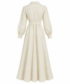Back view of cream boho maxi shirt dress with collar on white