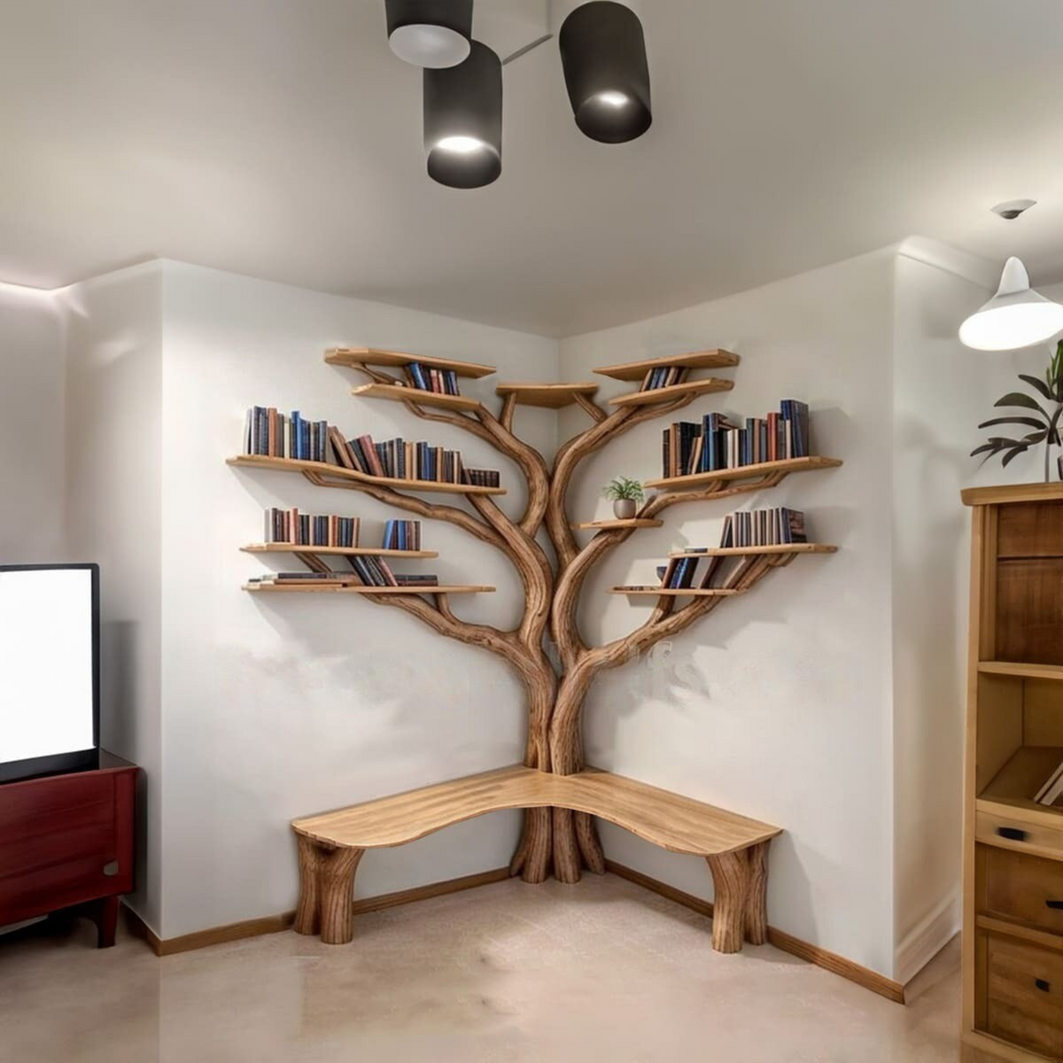 Tree Floating Corner Bookshelf With Corner Bench Lshaped - Image 2