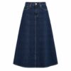 Women's dark indigo wash high-waist A-line denim midi skirt with five pockets, ghost mannequin front view on white