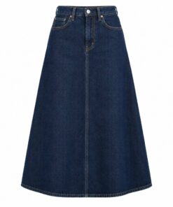 Women's dark indigo wash high-waist A-line denim midi skirt with five pockets, ghost mannequin front view on white