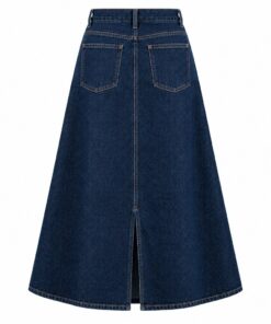 Back view of dark wash denim skirt showing back pockets and slit, on white