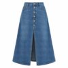 Women's medium wash denim A-line midi skirt with high waist and button fly, ghost mannequin front view on white