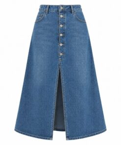 Women's medium wash denim A-line midi skirt with high waist and button fly, ghost mannequin front view on white